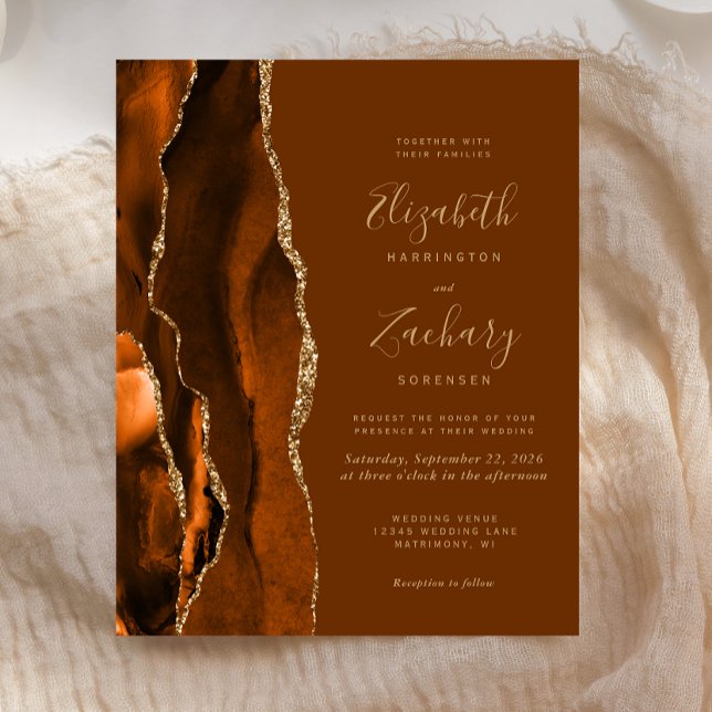 Budget Orange Gold Brown Agate Wedding Invite (Creator Uploaded)