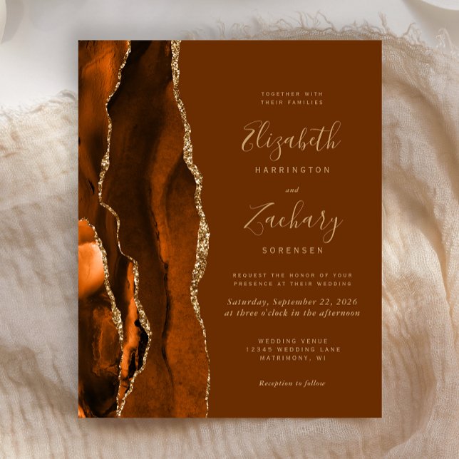 Budget Orange Gold Brown Agate Wedding Invite (Creator Uploaded)