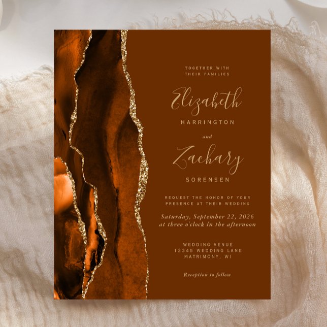 Budget Orange Gold Brown Agate Wedding Invite (Creator Uploaded)