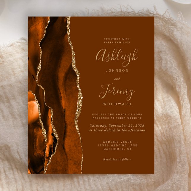 Budget Orange Gold Brown Agate Wedding Invite (Creator Uploaded)