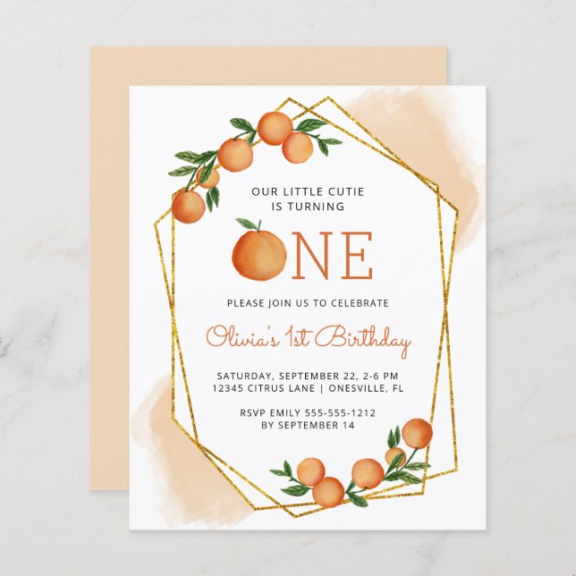 Budget Orange Little Cutie 1st Birthday Invitation (Front/Back)