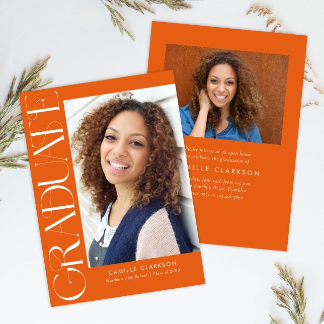 Budget Orange Modern Vertical Two Photo Graduation Invitation (Creator Uploaded)