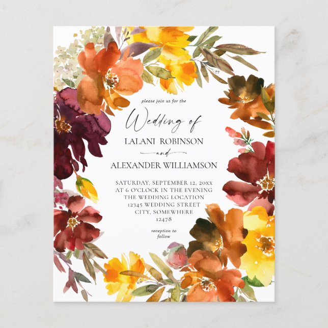 Budget Orange & Yellow Fall Floral Wedding Flyer (Front)