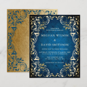 Budget Ornamental Blue Gold Wedding Invitation