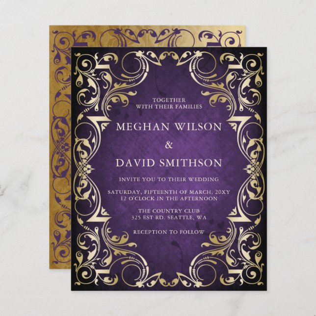 Budget Ornamental Purple Gold Wedding Invitation (Front/Back)
