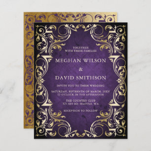Budget Ornamental Purple Gold Wedding Invitation