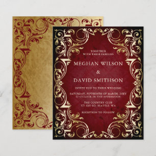 Budget Ornamental Red Gold Wedding Invitation
