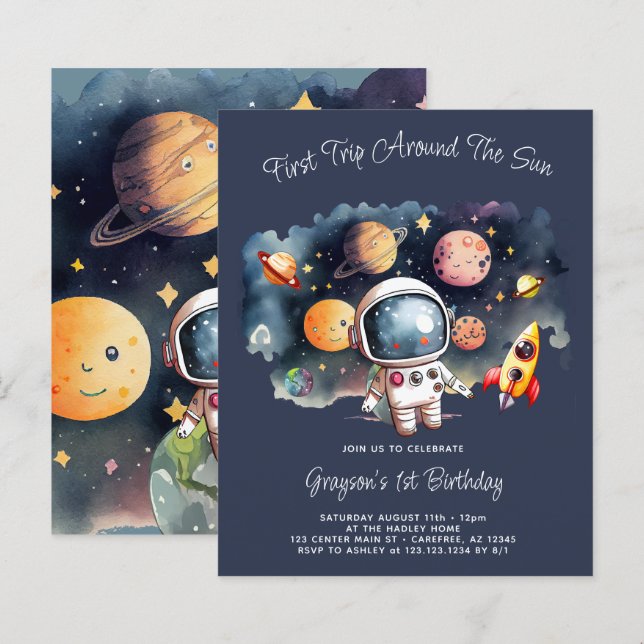 Budget Outerspace Planets Blue 1st Birthday Invite (Front/Back)