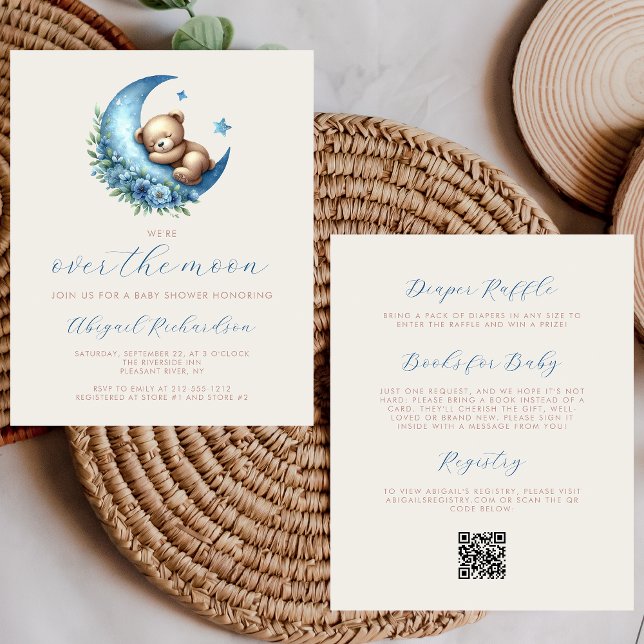 Budget Over the Moon Bear Blue QR Code Baby Shower (Creator Uploaded)