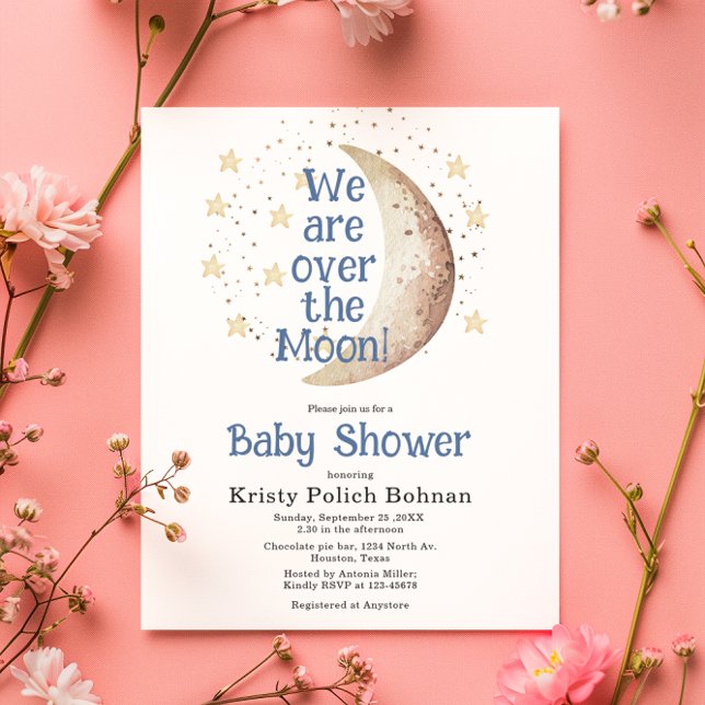 Budget Over the Moon Blue Boy Baby Shower Card (Creator Uploaded)