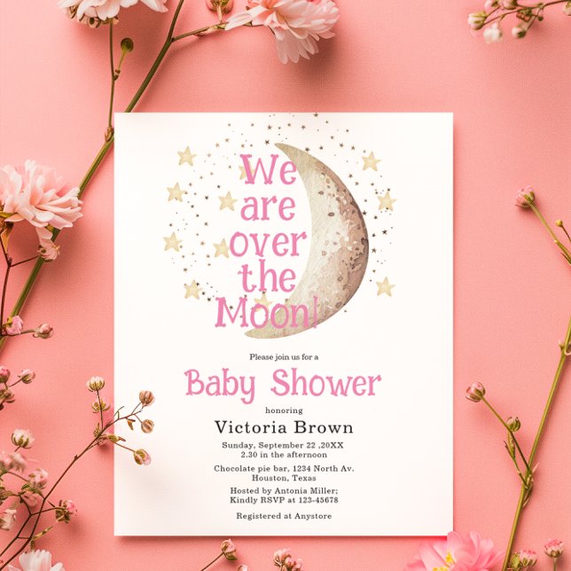 Budget Over the Moon Pink Girl Baby Shower Card (Creator Uploaded)