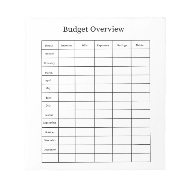 Budget Overview Notepad (Front)
