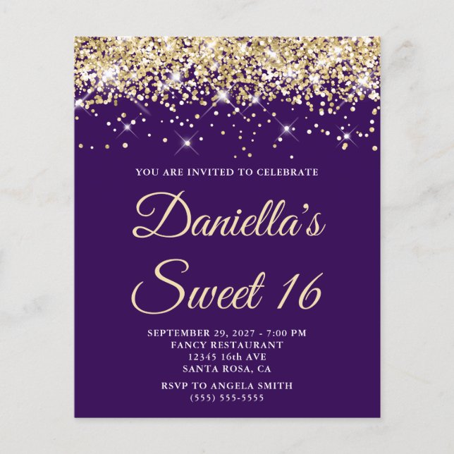 Budget Pale Gold Glitter Purple Sweet 16 Invite (Front)