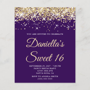 Budget Pale Gold Glitter Purple Sweet 16 Invite