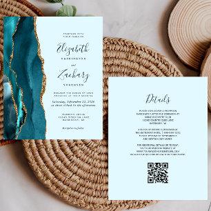 Budget Pale Teal Gold Agate QR Code Wedding
