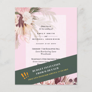 BUDGET Pampas Grass Burgundy Pink Wedding Invites Flyer