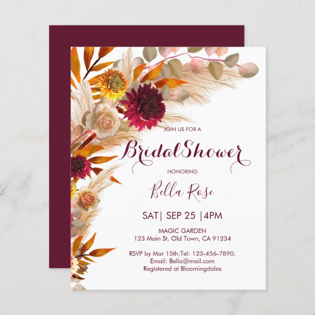 Budget Pampas Grass  Floral Bridal Shower Invite (Front/Back)