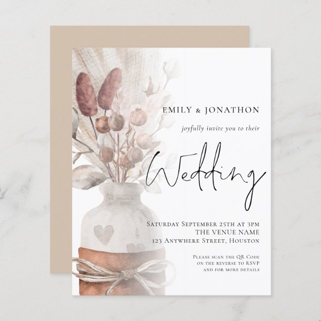 Budget Pampas Grass Overlay QR Code Wedding Invite (Front/Back)
