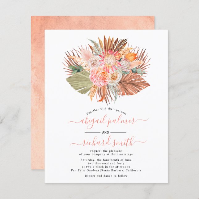 BUDGET Pampas grass palm leaf wedding invitation (Front/Back)