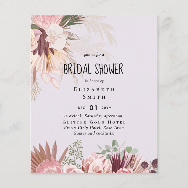 BUDGET Pampas Grass PHOTO Bridal Shower Invite Flyer (Front)
