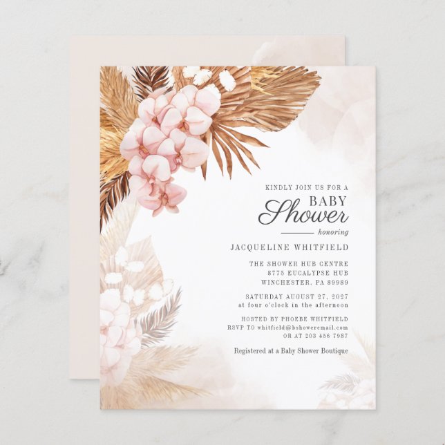 Budget Pampas Grass Pink Floral Palm Baby Shower (Front/Back)