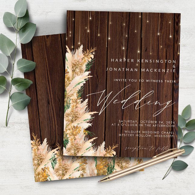 BUDGET Pampas Grass Wood Twinkle Lights Wedding (BUDGET Pampas Grass Wood Twinkle Lights Wedding Invitation)
