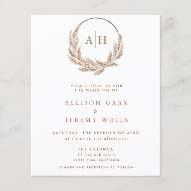 Budget Pampas Monogram Wedding Invitation  Flyer (Front)
