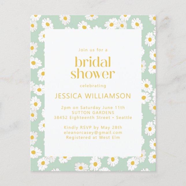 Budget Pastel Sage Green Daisies Bridal Shower (Front)