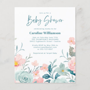 Budget Pastel Teal Pink Floral Baby Shower Invite