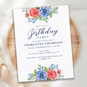 Budget Patriotic Floral Red Blue Birthday Invite Postcard