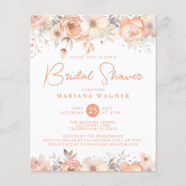 Budget Peach Beige Flowers on White Bridal Shower (Front)