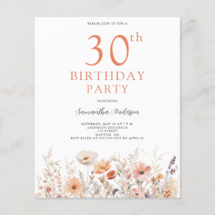 Budget Peach Floral 30th Birthday Invitation Flyer