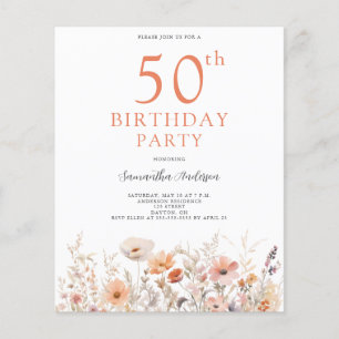 Budget Peach Floral 50th Birthday Invitation Flyer