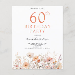 Budget Peach Floral 60th Birthday Invitation Flyer