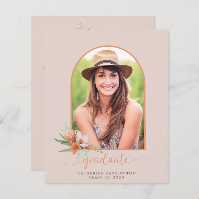 Budget Peach Floral Boho Arch Graduation Invite (Front/Back)