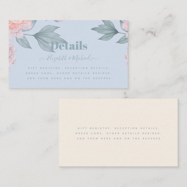 Budget Peach Floral Dusty Blue Sage Leaf Wedding Business Card (Front/Back)