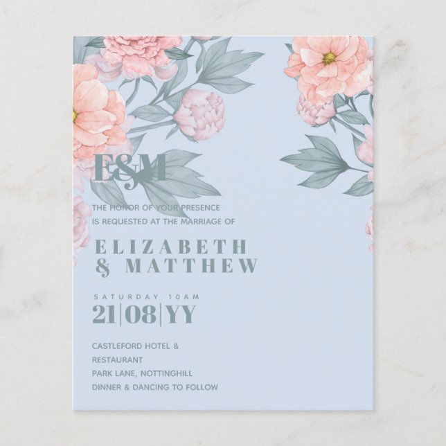 Budget Peach Floral Dusty Blue Sage Leaf Wedding Flyer (Front)