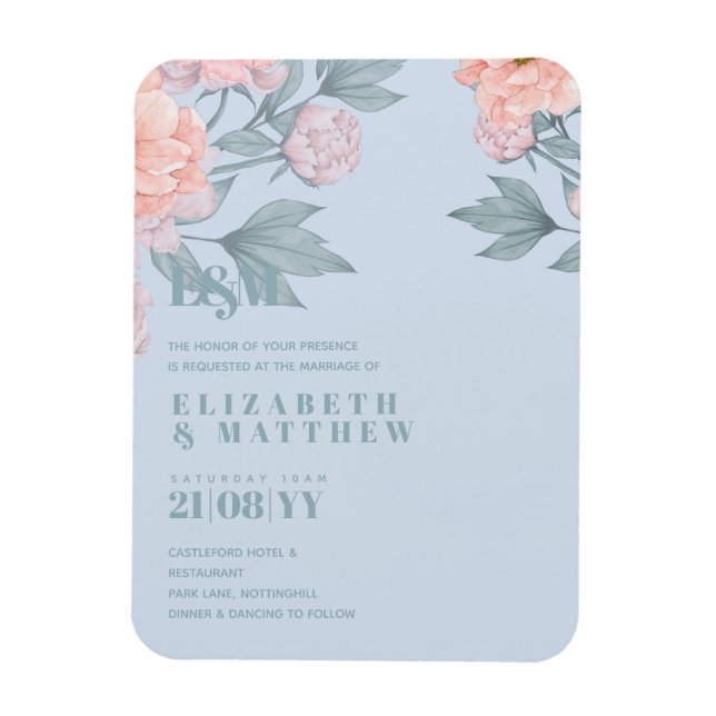 Budget Peach Floral Dusty Blue Sage Leaf Wedding Magnet (Vertical)