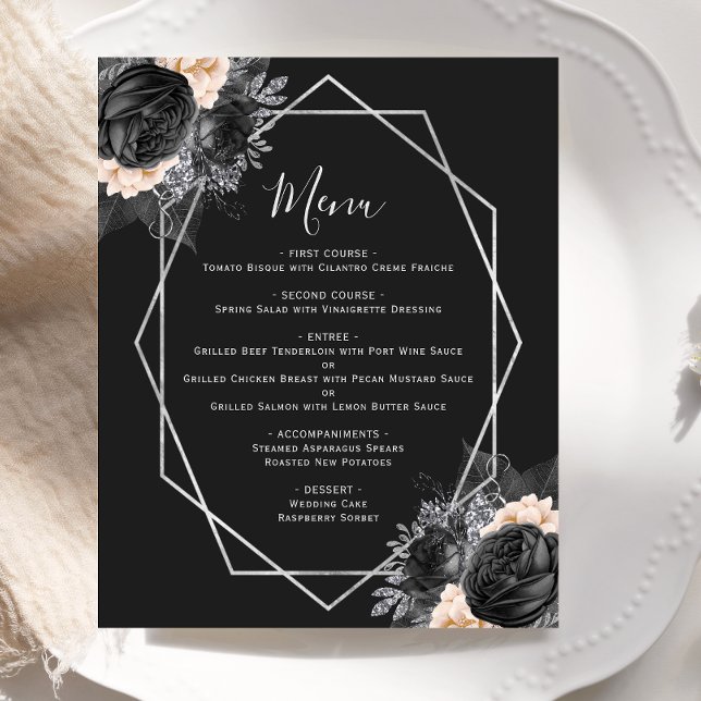 Budget Peach Floral Silver Geo Black Wedding Menu (Creator Uploaded)