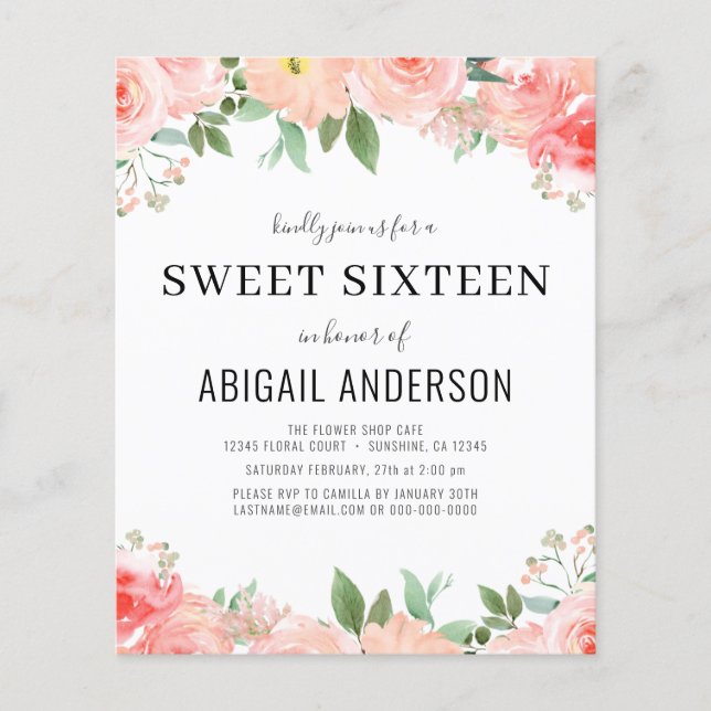 Budget Peach Floral Sweet 16 Birthday Invitation Flyer (Front)