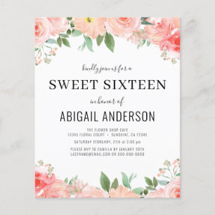 Budget Peach Floral Sweet 16 Birthday Invitation Flyer