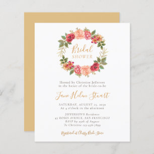 Budget peach gold floral bridal shower invitations