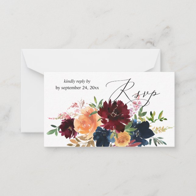 Budget Peach, Navy, Burgundy Floral 2SM Meal RSVP Card (Front)