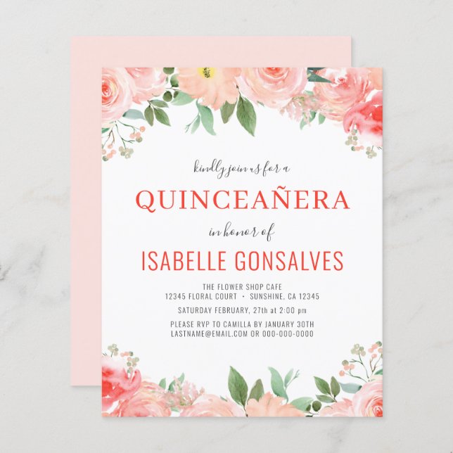 Budget Peach QUINCEAÑERA Birthday Coral Invitation (Front/Back)