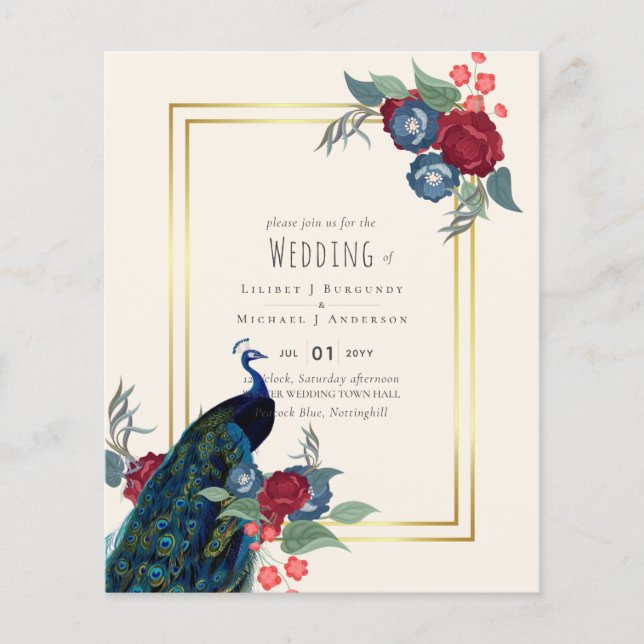 BUDGET  Peacock Blue Burgundy Winter Fall Wedding Flyer (Front)
