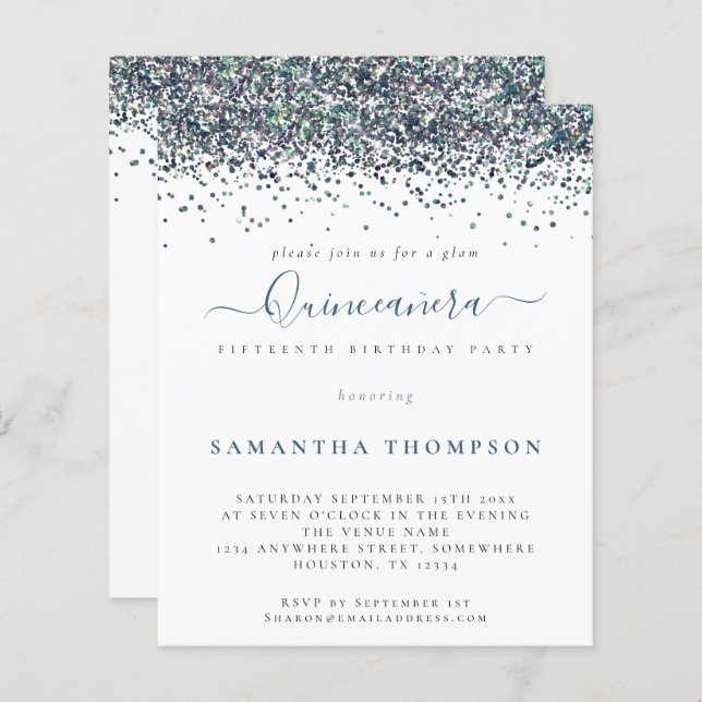 Budget Peacock Blue Glitter Quinceañera Invitation (Front/Back)
