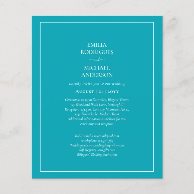 BUDGET Peacock Blue Teal Monochrome Wedding Flyer (Front)