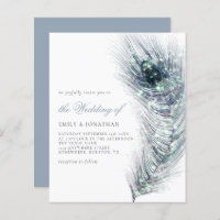Budget Peacock Feather Script Wedding Invitation