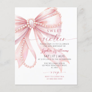 Budget Pearl Pink Bow Sweet 16 Birthday Invitation