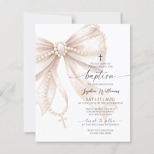 Budget Pearl Rosary Bow Baptism Invitation (Front)